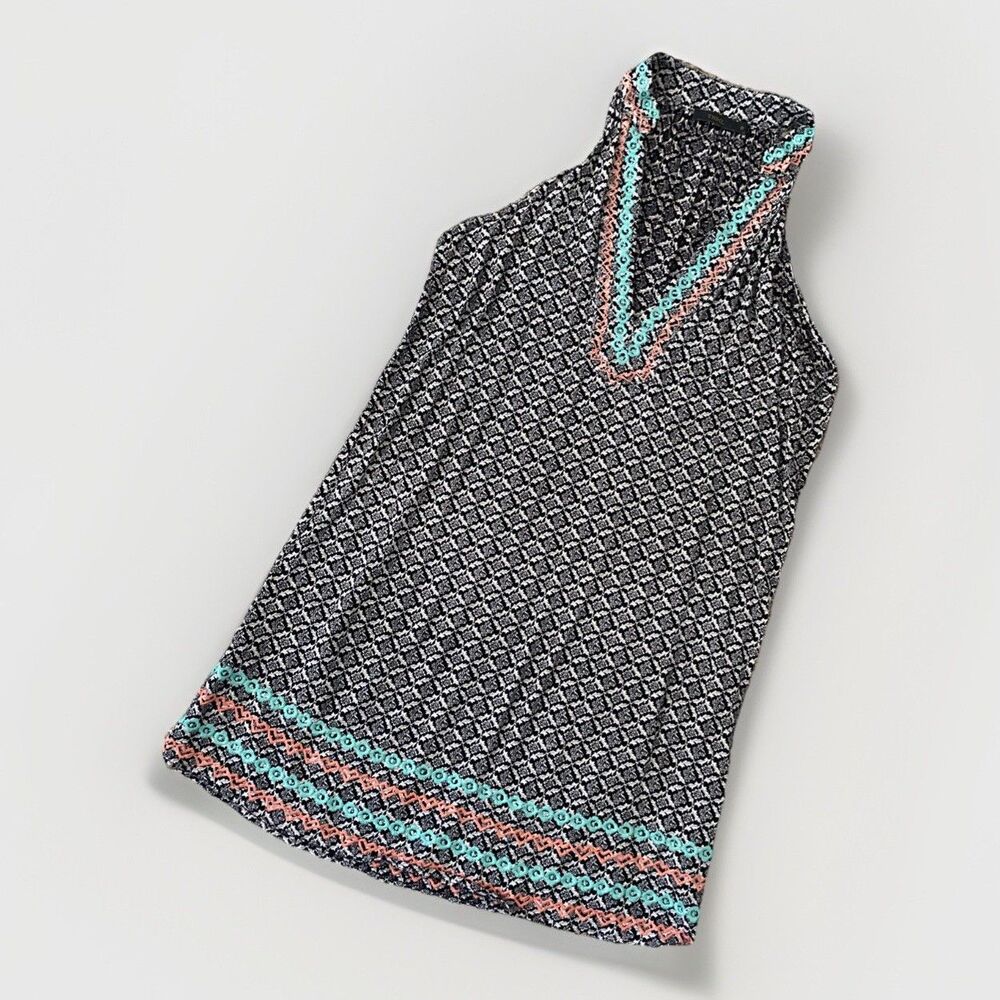 THML Womens Size M Navy Blue Floral Diamond Pattern Embroidered Sleeveless Dress